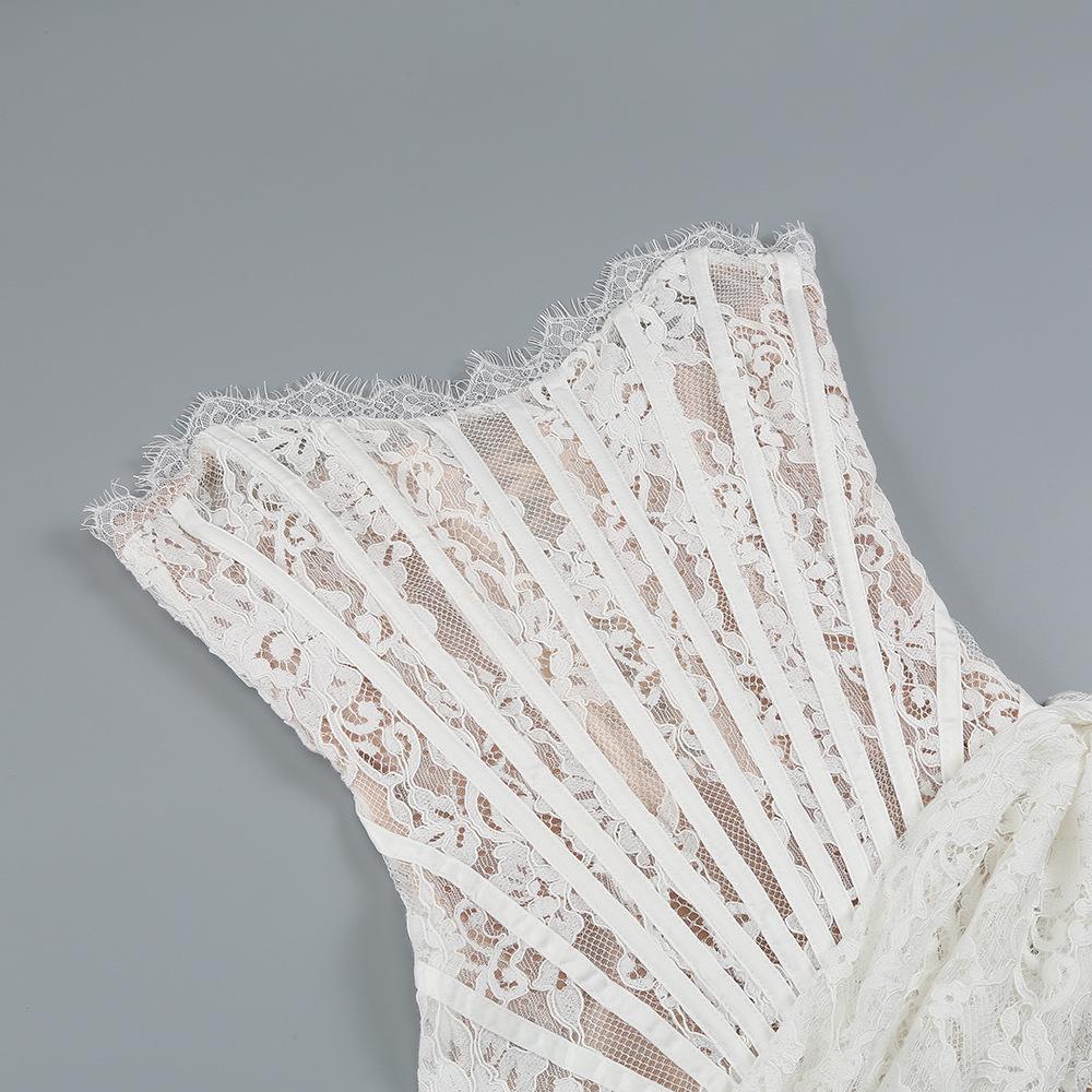 European & American Sexy Lace Irregular Bandeau Dress with Fishbone See-through Waist