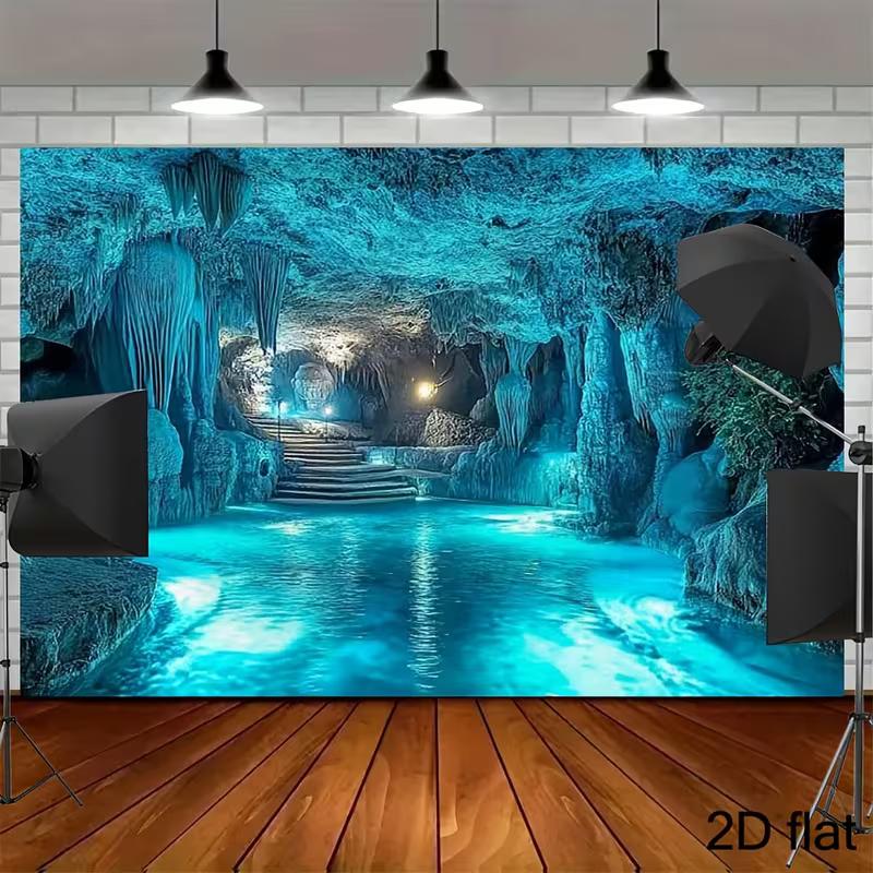 

2D Mystical Turquoise Cave with Water and Stairs Background 47.2x31.5inch/120*80cm