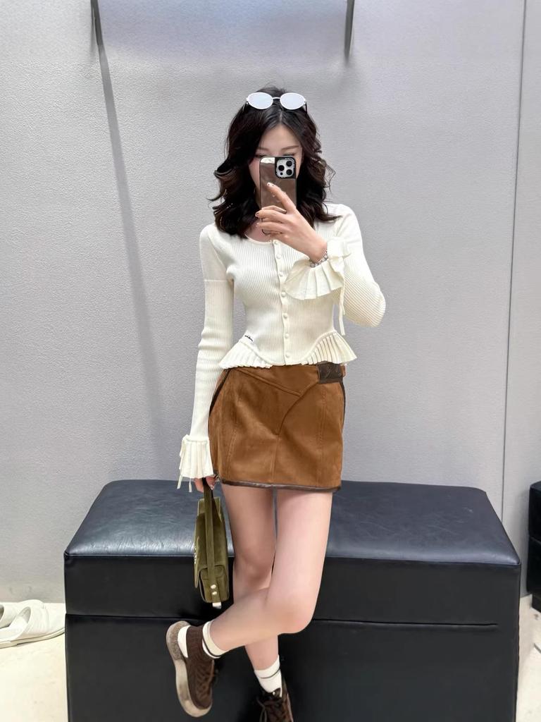 Nanyou Retro A-Line High Waist Brown Leather Mini Skirt for Women