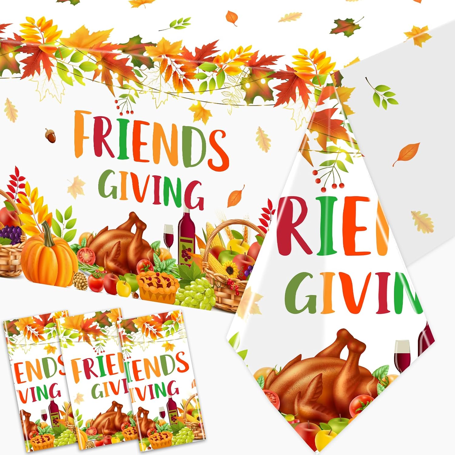 GREHUMOR 3Pcs Fall Friendsgiving Tablecloth Disposable Happy Friendsgiving Decorations Plastic Tablecovers for Autumn Fall Party Thanksgiving Party