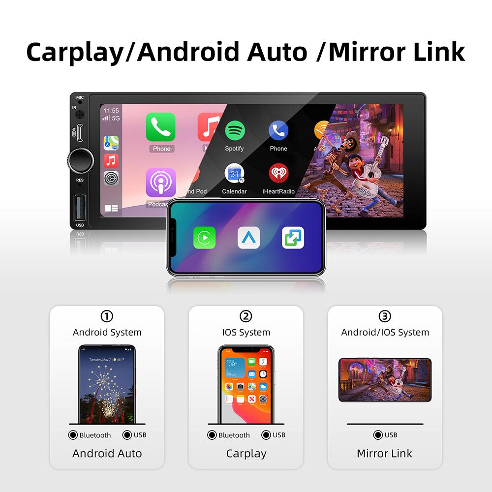 1DIN 6.86inch Universal MP5 Car Radio Support Wireless Carplay Android AUTO AUX USB  BT Touch Screen Multimedia Video Player