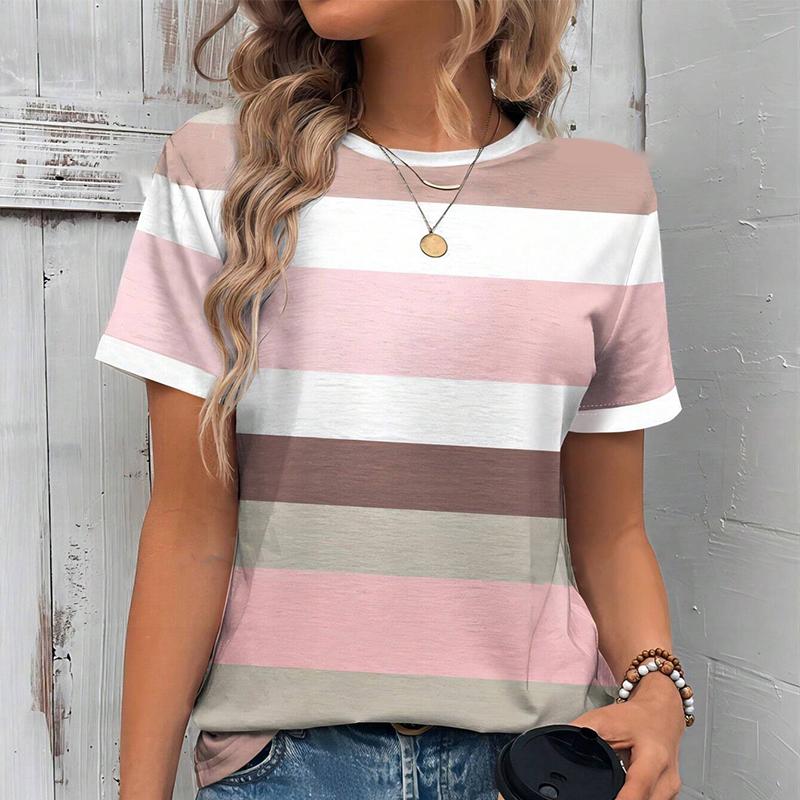 

Модна жіноча футболка з грубими смугами в смужку і принтом, смішна повсякденна футболка з круглим вирізом і короткими рукавами, літня жіноча футболка XL коричневий
