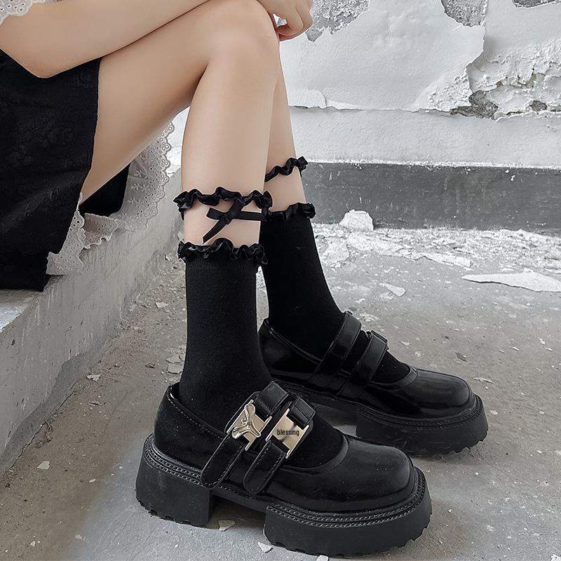 Lace-Trimmed Black Bow Lolita Mid-Calf Slouch Socks