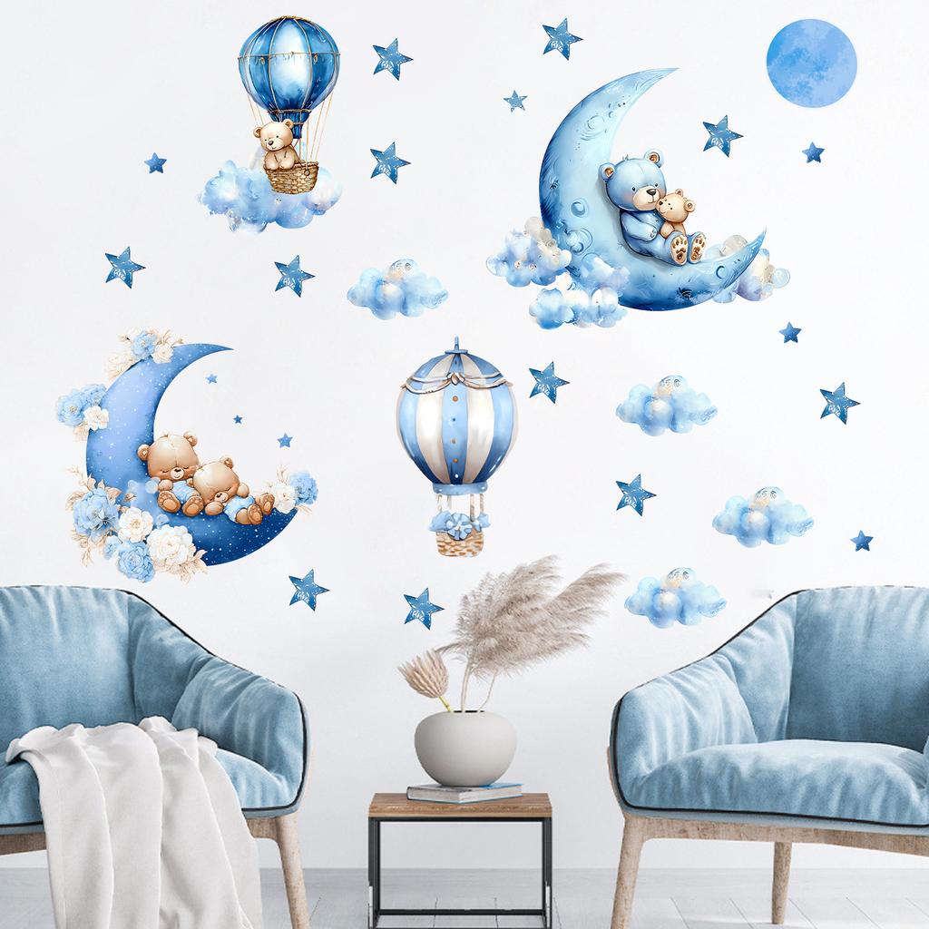Cartoon Bear Moon Hot Air Balloon Wall Sticker Self Adhesive Decal for Kids Room Living Room Bedroom Home Decoration