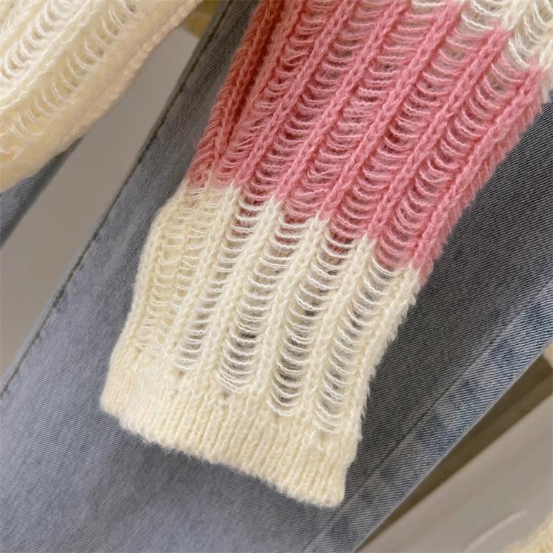 Striped Knitted Sweater Hollow Out for Women Hollow Out Loose Sunscreen Shirt