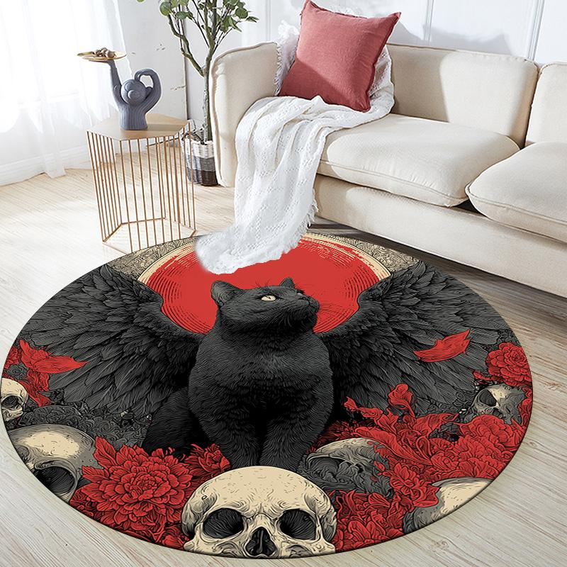 Winged Black Cat,Round Area Rug,Carpet Rug for Living Room Bedroom Sofa Playroom Decor,Non-slip Floor Mat