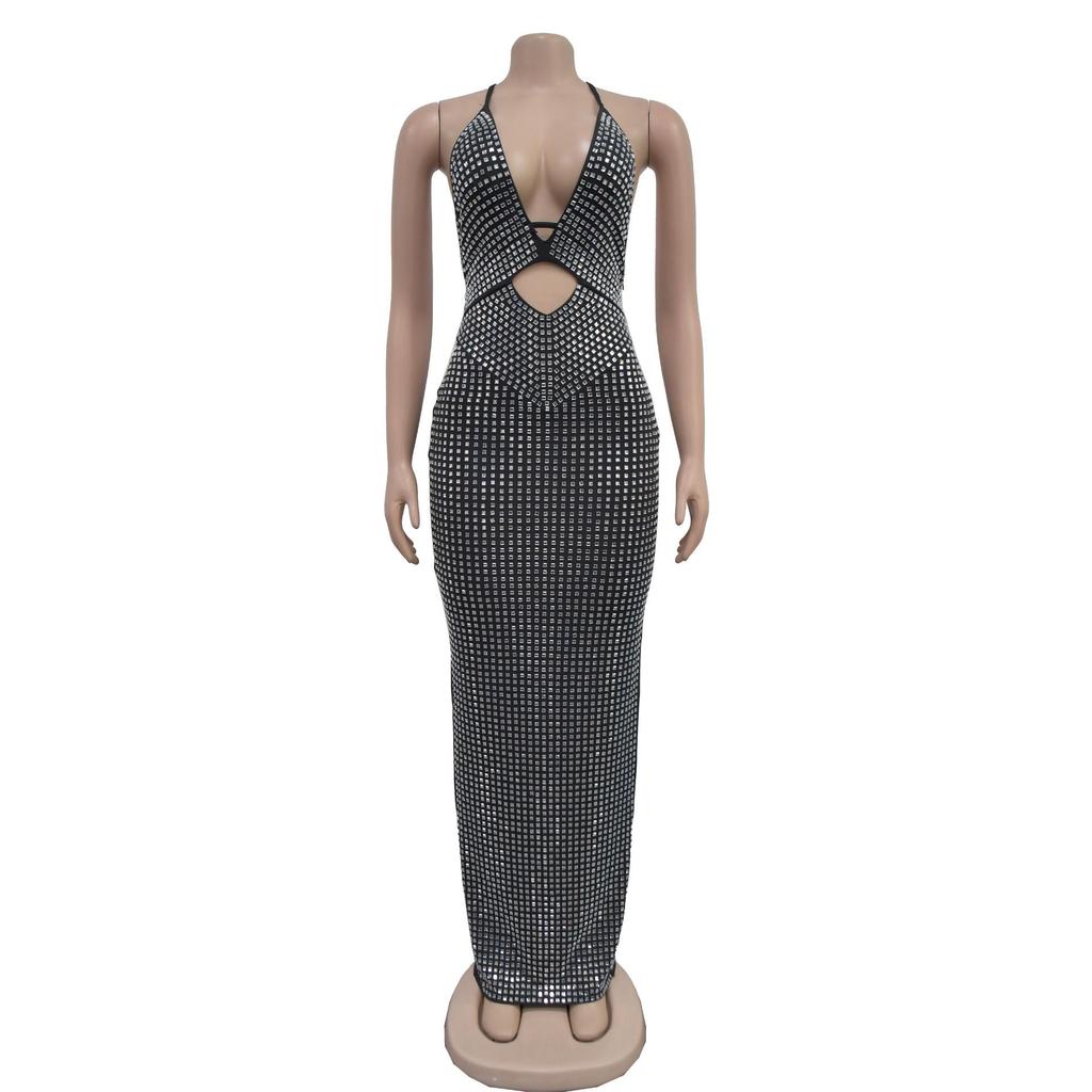 Robe longue sans manches à col en V ornée de strass - Mode féminine européenne et américaine (C6963)