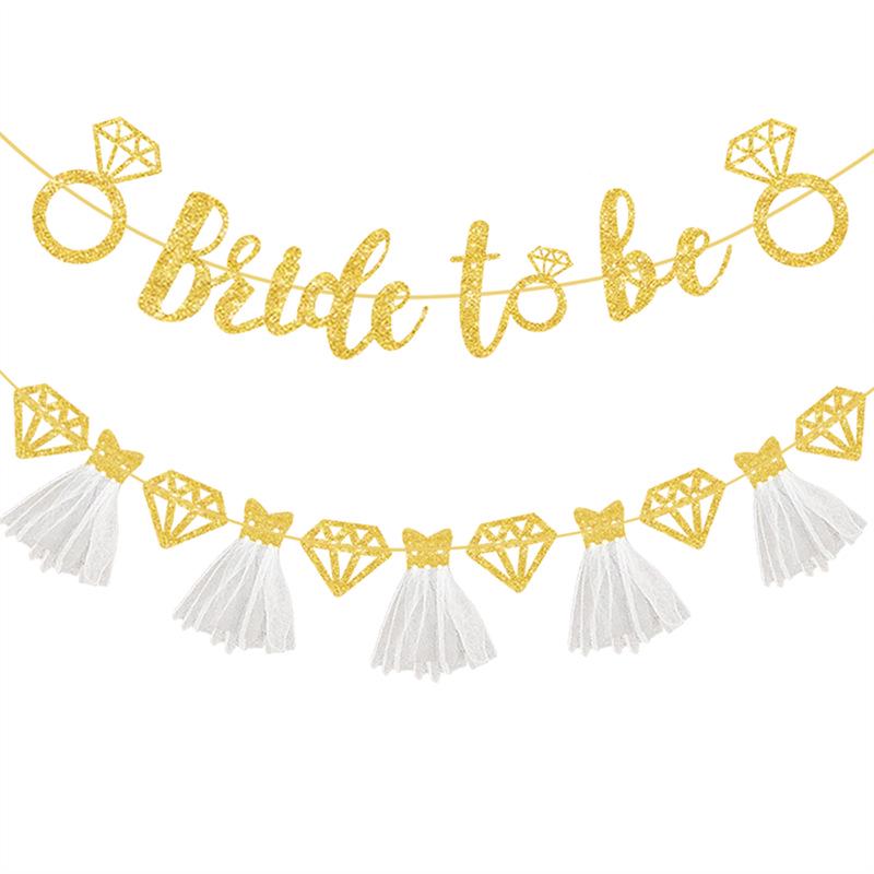European & American Wedding Party Decor: 'Bride to Be' Tulle Skirt Glitter Banner with Diamond Ring Design
