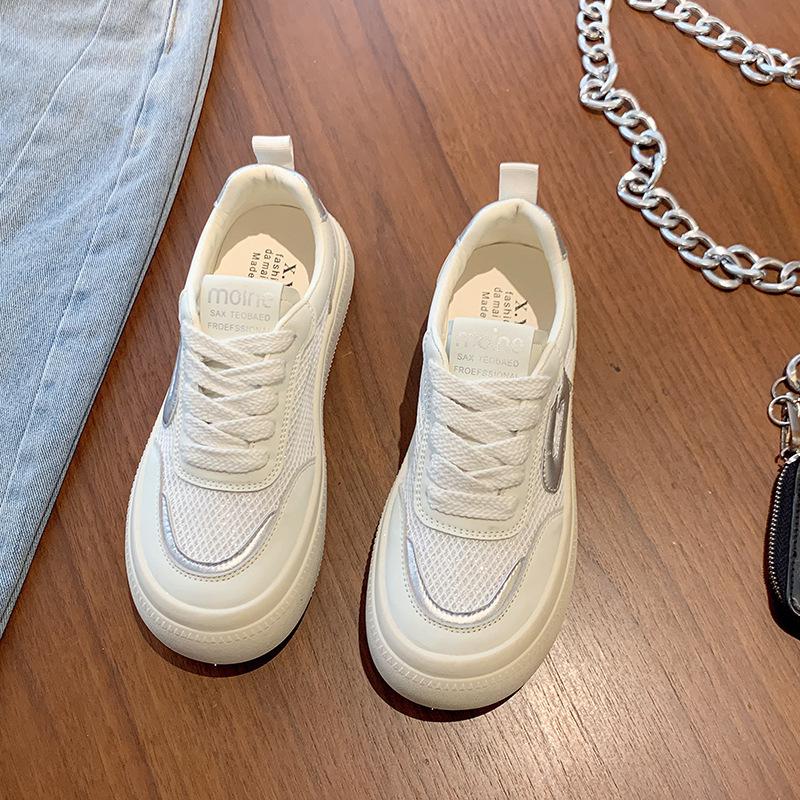 

Корейская версия женских белых кроссовок на толстой подошве из дышащей сетки, лето 2025, новая студенческая универсальная легкая повседневная спортивная обувь 40 серебряный