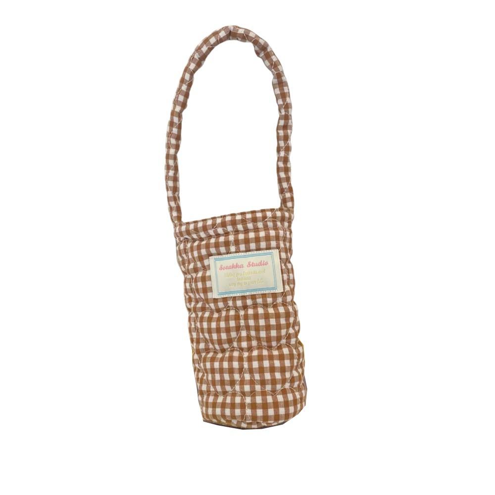 

Heart Embroidery Water Bottle Carrier Bag Plaid Design Thermos Cup Sleeve Milk Tea коричневый