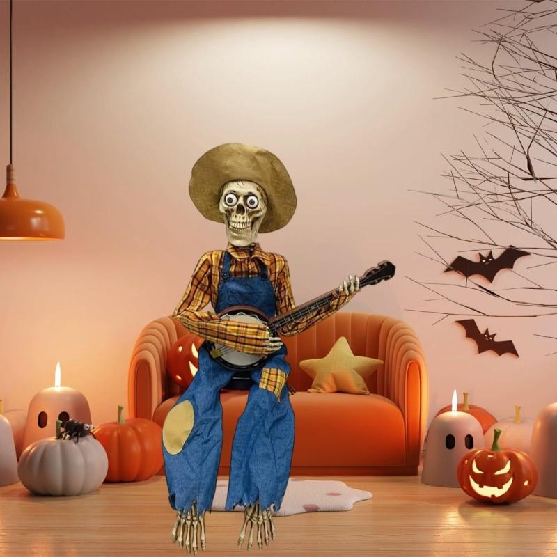 Halloween Banjo Playing Skeletons Decorations Outdoor/Indoor Halloween Party Decors Animated Skull with Light Up eye