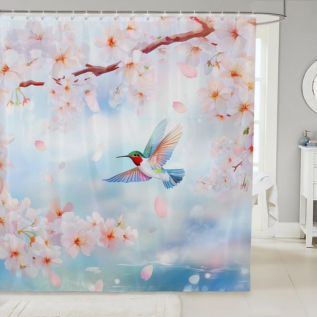 Japanese Style Bathroom Curtain Cherry BlossomShower Curtain for Girls Teen Women,Watercolor Mount Fuji Sakura Animal Aesthetics