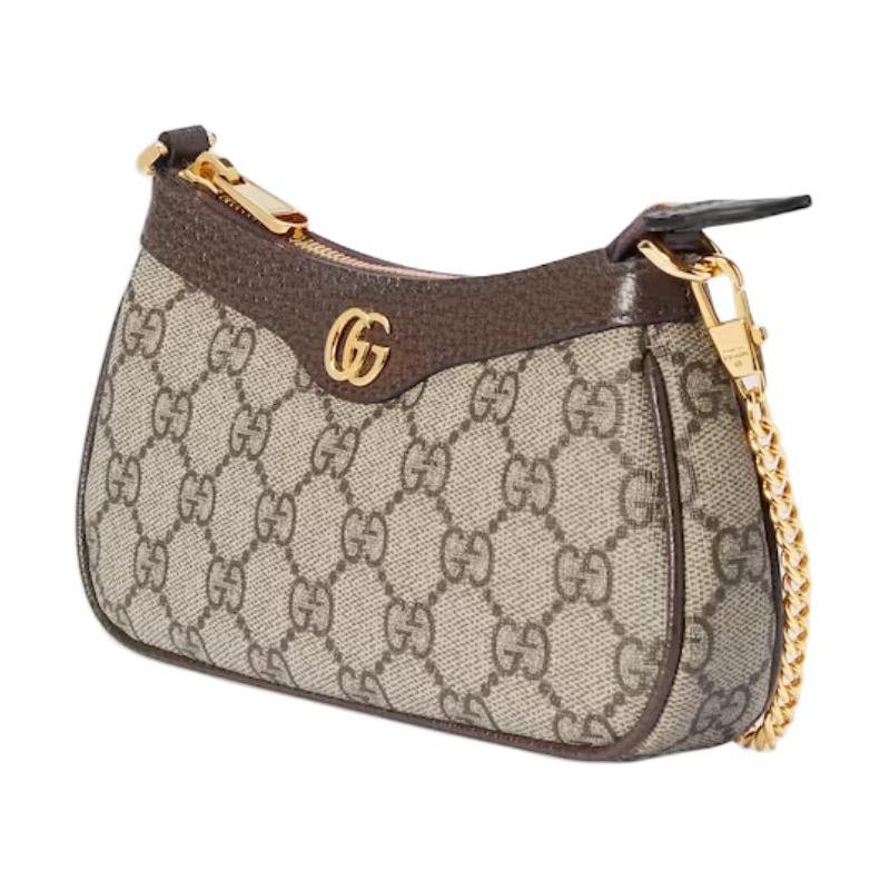 Gucci Ophidia Double G Gold Hardware Brown Leather Trim Handbag Mini Women's Beige and Ebony