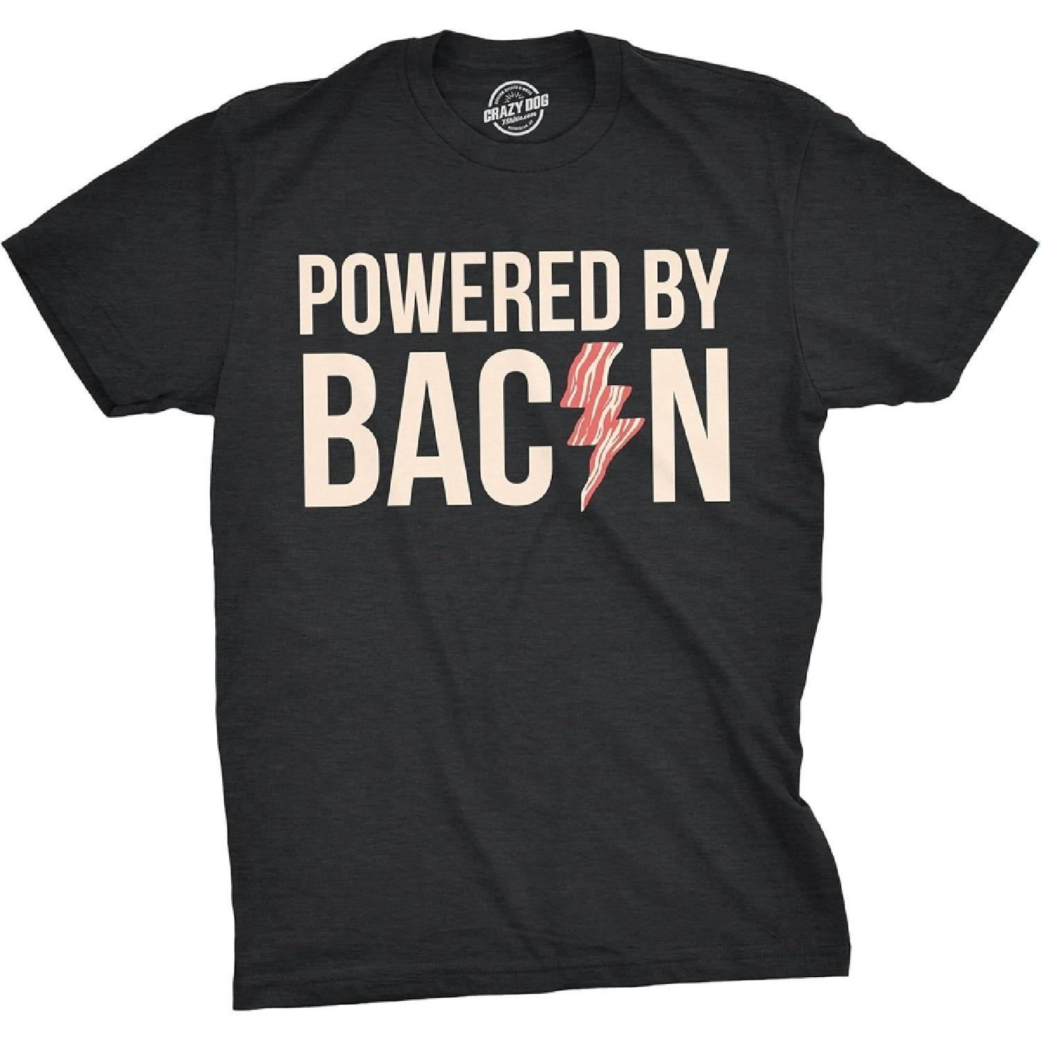 Mens Powered by Bacon T Shirt Funny Food Love Apparel Sarcastic Saying Gift S