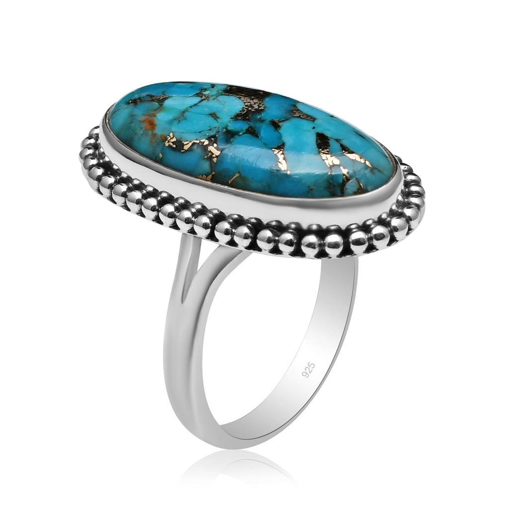 Natural Copper Turquoise Gemstone 925 Sterling Silver Beaded Split Shank Ring For Women & Girls