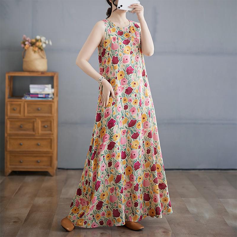 DIMANAF 2025 Women Linen Summer Flower print Dress Casual Ladies Basic Long Dress 8083