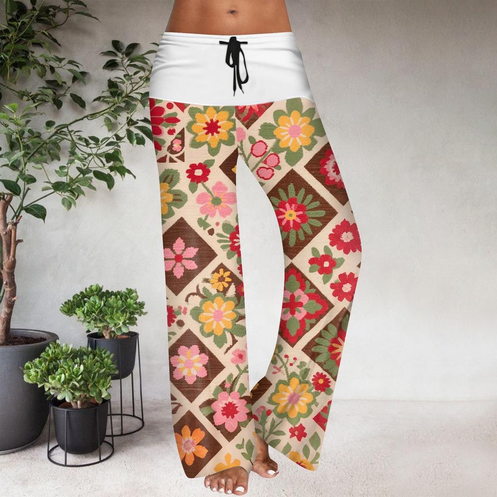 Pantaloni Casual Largi cu Talie Elastică cu Șnur pentru Femei, cu Imprimeu Floral și Blocuri de Culoare