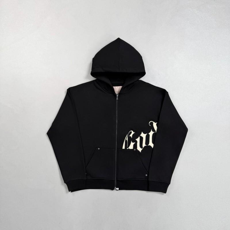 Mens Streetwear Hooded Zip-Up Sweatshirt Set Gray Black Solid Color Cotton Fleece Tracksuit Fall