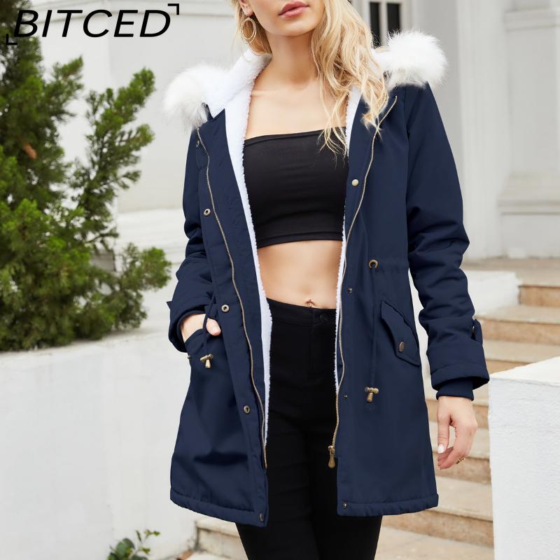 BITCED Autumn/Winter Detachable Fur Collar Women's Parka Long-Sleeved Hooded Cotton Coat Fleece Overcoat