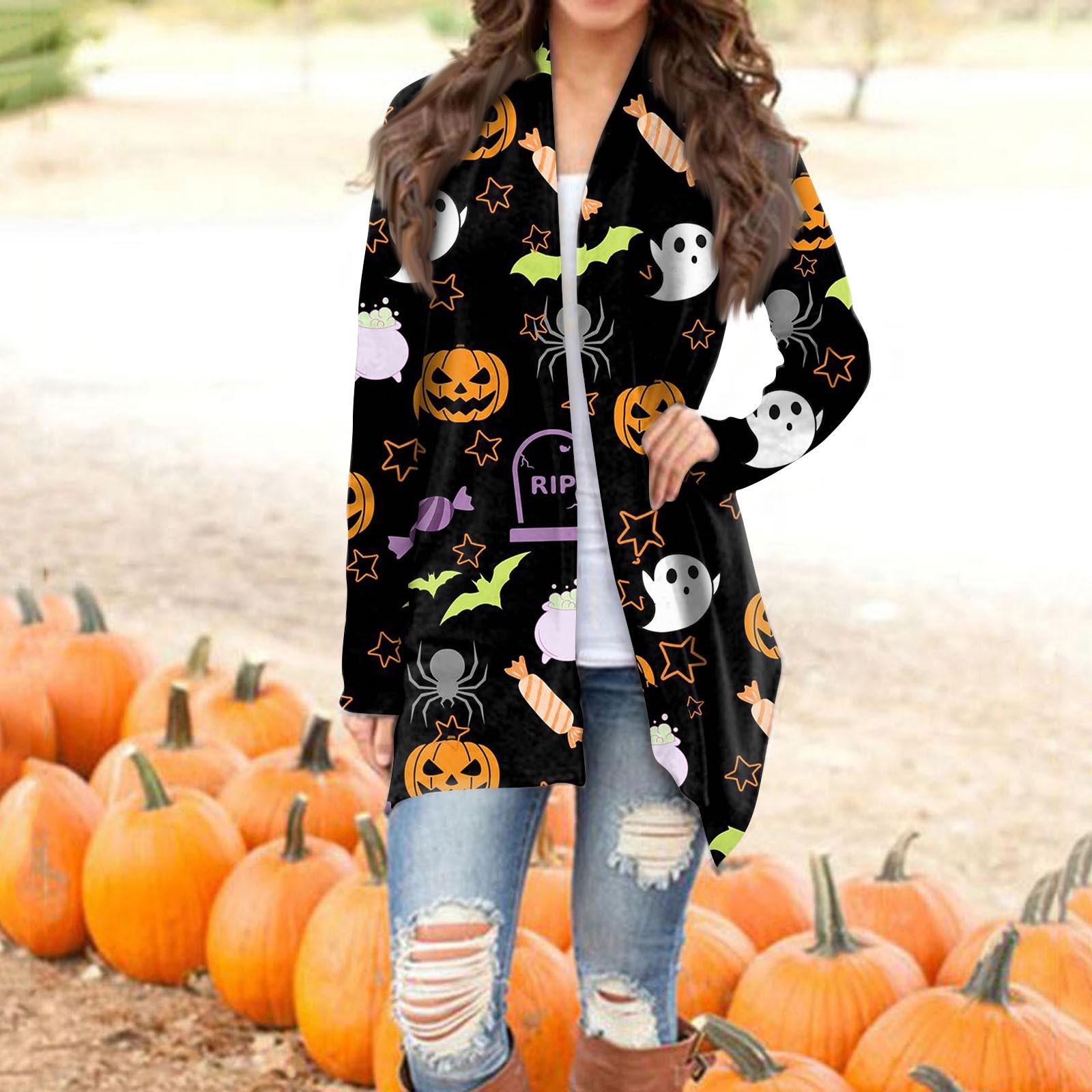 

Женская мода, повседневный кардиган с принтом на Хэллоуин, средней длины, куртка с длинными рукавами, пальто L жёлтый