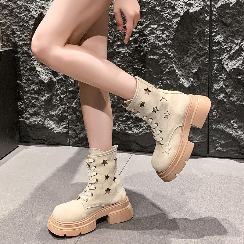 Retro Heightening Thin Thick-soled Martin Boots Women's 2025 New Spring and Autumn Versatile Hollow Western Cowboy Short Boots
