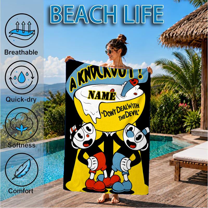 Custom Name Cuphead Microfiber Beach Towel, Quick-Dry, for Summer Travel, Beach Essential, Picnic Essentials, Swimming Pool