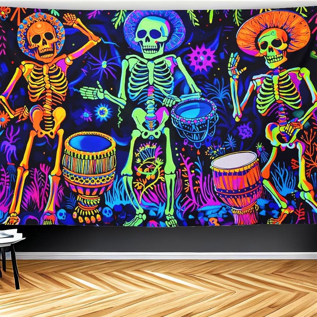 CJSLIFEART Blacklight Skull Tapestry Percussion Small Concert Fluorescent Starry Sky Bedroom Tapestry Background Wall Decoration