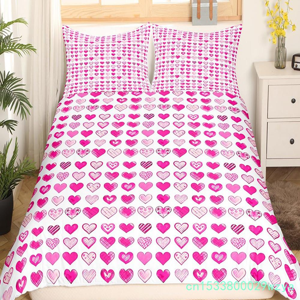 Valentinstag Bettwäsche Set Doodle Stil Kleines Herz Bettbezug Lila Rot Bettdeckenbezug Liebe Thema Polyester Steppdeckenbezug