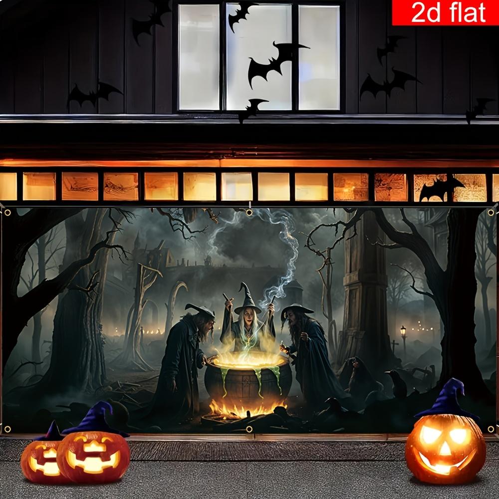 Horror Halloween Garage Door Banner, Large Polyester Hanging Outdoor Decoration, Ghost Forest Witch Stove Pattern