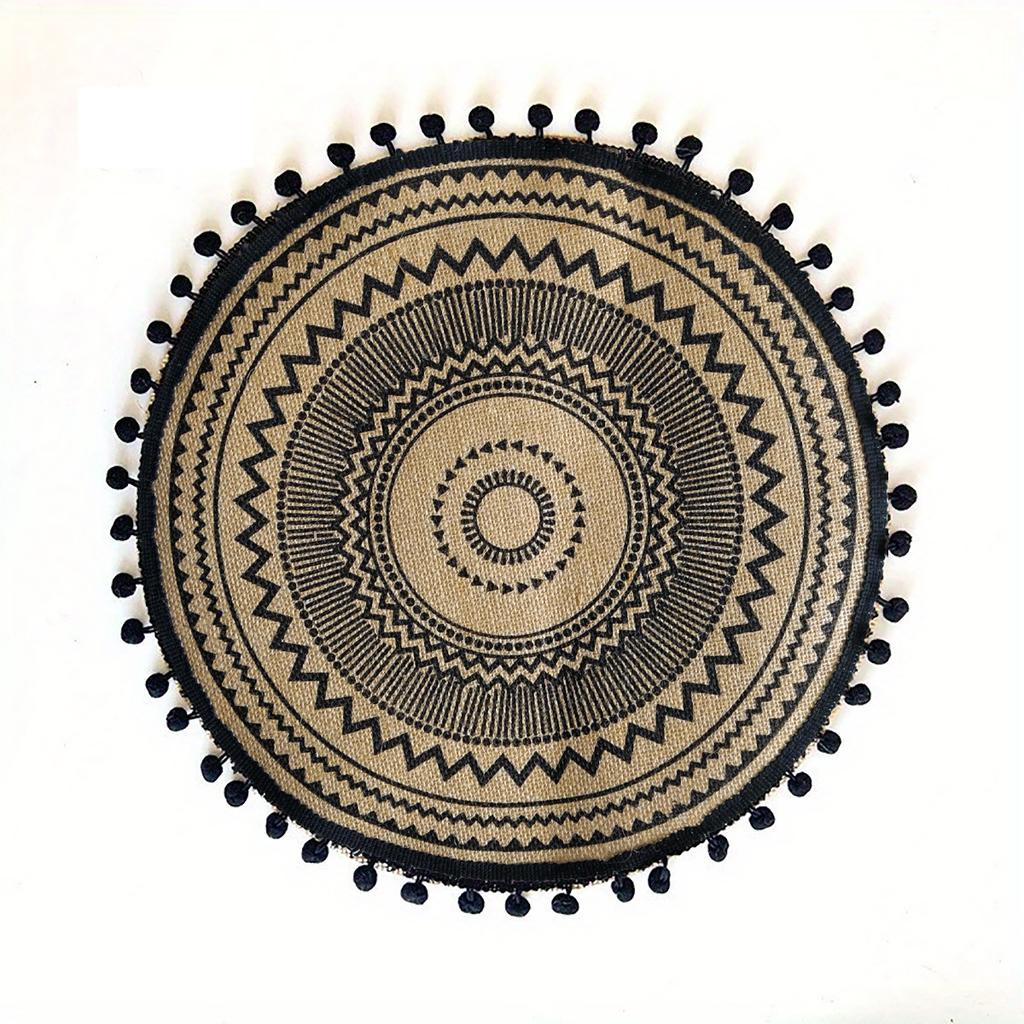 Round Jute Wool Ball Tassel Woven Placemat Decorative Table Mat Retro Insulation Mat