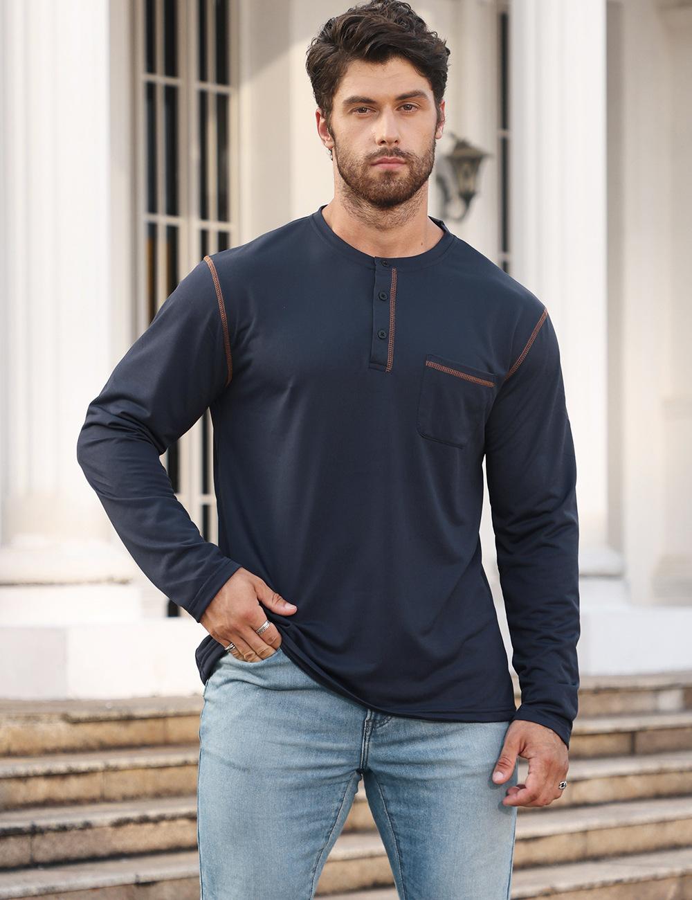 European and American loose spring and summer men s stand-up collar POLO shirt, long-sleeved sweater bottoming top business casual S тёмно-синий