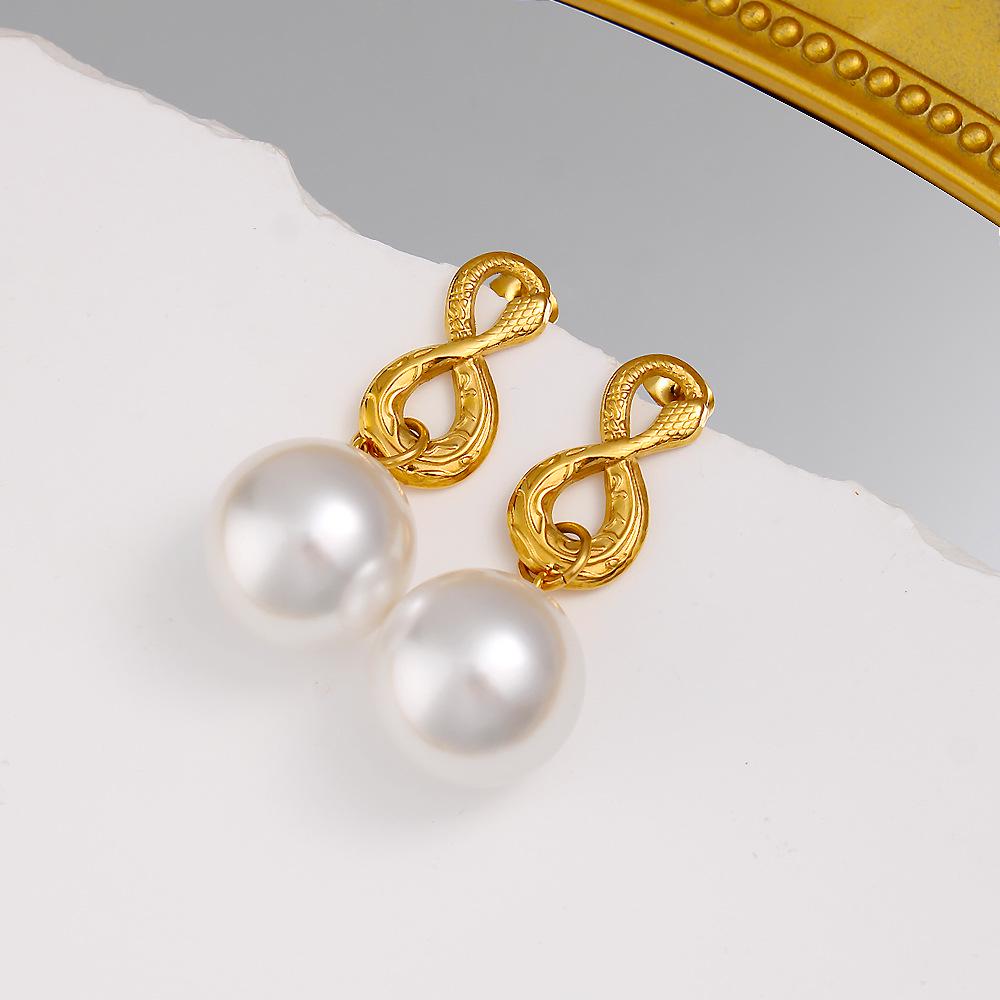 Retro Light Luxury Faux Pearl Snake-Shaped Stainless Steel Drop Earrings