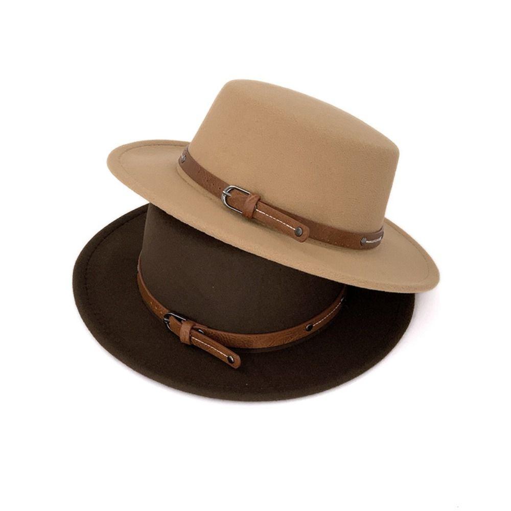 Trendy Elegant Woolen Flat Top Hat British Style Belt Buckle Felt Hat Wide Brim Solid Color Women Jazz Hat Church Events