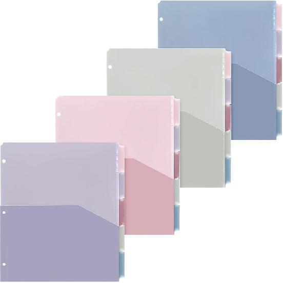 Janlaugh 4 Sets 5 Tab Plastic Binder Dividers Plastic Index with Pockets for 3 Ring Binders 9 3/4 x 11 1/2 Inches 3 Hole Page Colorful Dividers