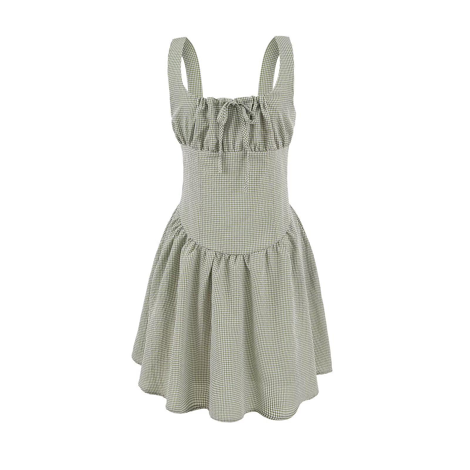 

Весна 2025 Женское платье в европейском и американском стиле с принтом, облегающее талию, на бретелях-спагетти Medium зелёный