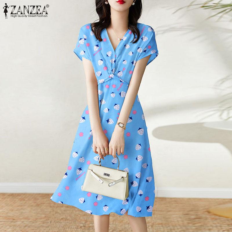 

ZANZEA Летнее женское платье миди с короткими рукавами и V-образным вырезом с принтом