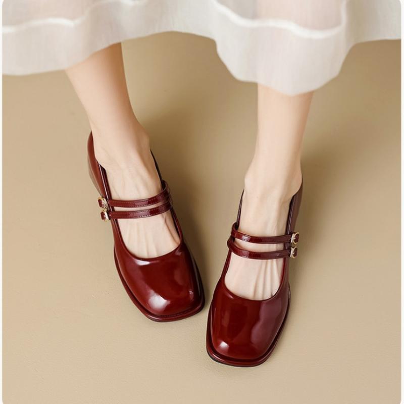 Autumn And Shallow New Spring Mouth French Retro Red Chunky Heel Anklestrap Womens Leather Shoes