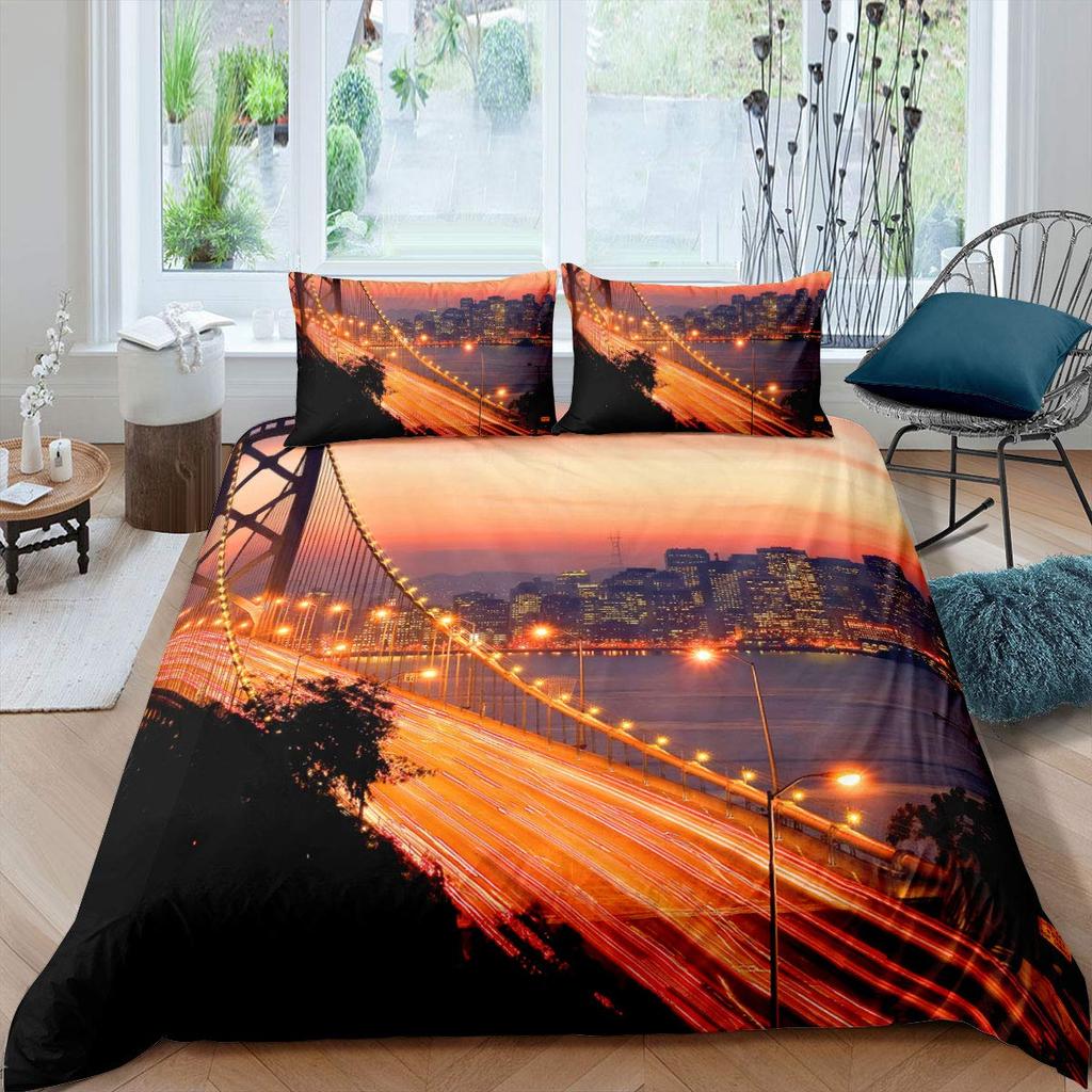 Cityscape Duvet Cover Set New York City Night View Quilt Cover For Boys Adults Microfiber Building Bedding Set 2/3Pcs King Size