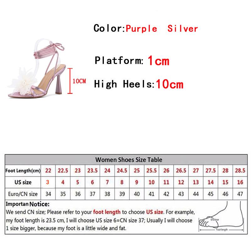 Liyke New Fashion Pearl Flower Women Ankle Strap Sandals Sexy Pointed Toe Cross Tied High Heels Wedding Prom Shoes Purple Silver