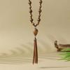 Bohemian Vacation Style Wooden Handmade Bead Pendant Necklace Long Sweater Chain Pu Leather Tassel Boho Jewelry Suitable for Women's Daily