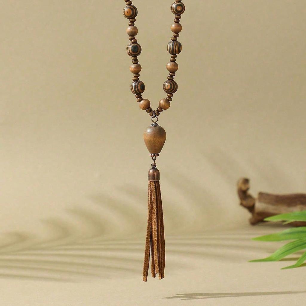Bohemian Vacation Style Wooden Handmade Bead Pendant Necklace Long Sweater Chain Pu Leather Tassel Boho Jewelry Suitable for Women's Daily
