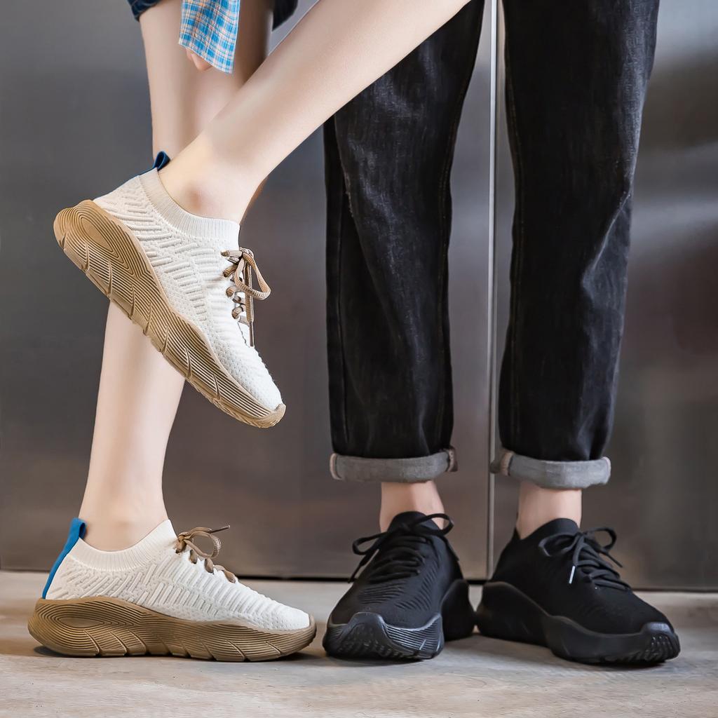 Sneakers women's summer new thick-soled solid-color couples fly-woven one-pedal socks shoes women's tide