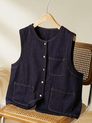 Bieyang Women's Artistic Retro Three-Pocket Denim Vest - High-End Early Autumn Versatile Coat