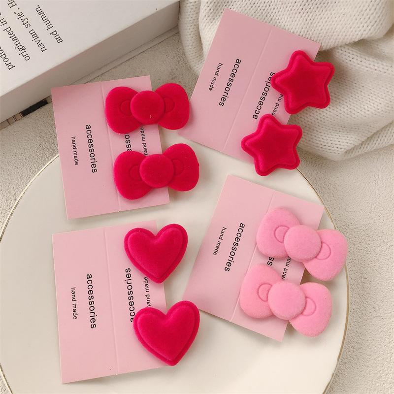 2pcs Sweet Velvet Bow Star Hairpin Women Girls Korean Style Love Heart Hair Clip Barrettes Side Clip Headwear Hair Accessories