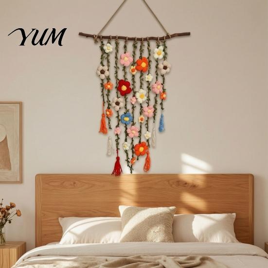 Easy to Install Wall Ornaments Bohemian Crochet Flower Hanging Tapestry, Handmade Tassels Decor Textile Decoration with Wooden Stick, Living