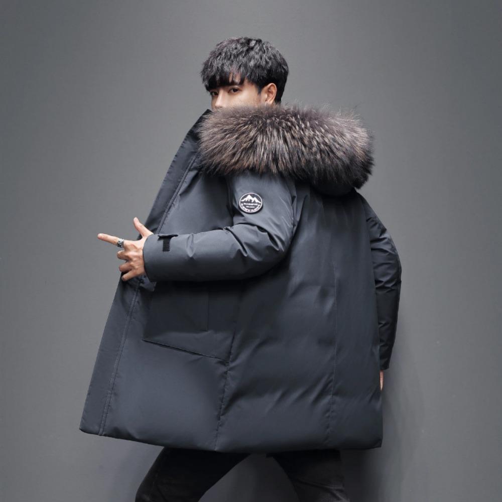 Down Jacket Medium and Long Men's Korean Version New Two Open White Duck Down Big Fur Collar Youth Popular Fashion Hooded Jacket