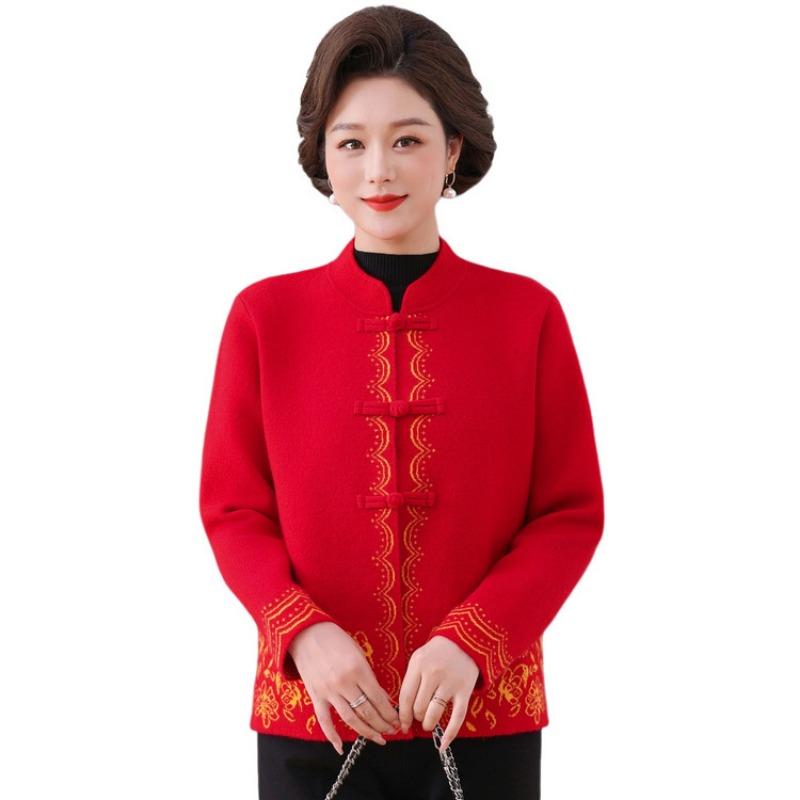 Mom spring, autumn and winter new stand-up collar disc-buckled embroidered cardigan jacket in the elderly and women's knitted Tang suit top