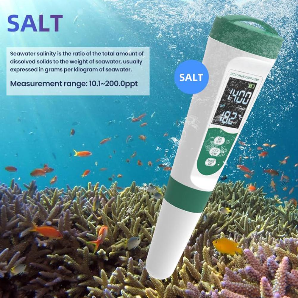 5-in-1 Water Tester Pool Salt Tester High Accuracy PH/EC/TDS/Salt/Temp Meter Water Analyzer for Drinking Water Aquariums Tester