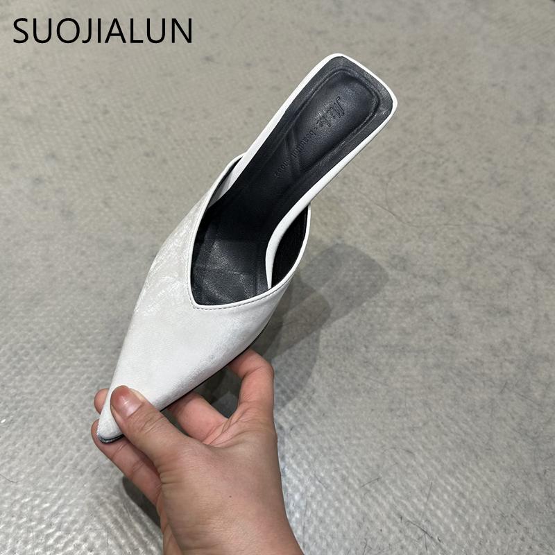 Fashion SUOJIALUN 2024 Spring New Women Slipper Fashion Pointed To Shallow Slip On Mules Shoes Thin High Heel Ladies Elegant Sandals
