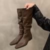 Women's Knee High Boots Sexy Pointed Toe Stiletto Heel Leather Boots Pleated Stack Long Tube Boots Slim Knight Boot Botas Mujer